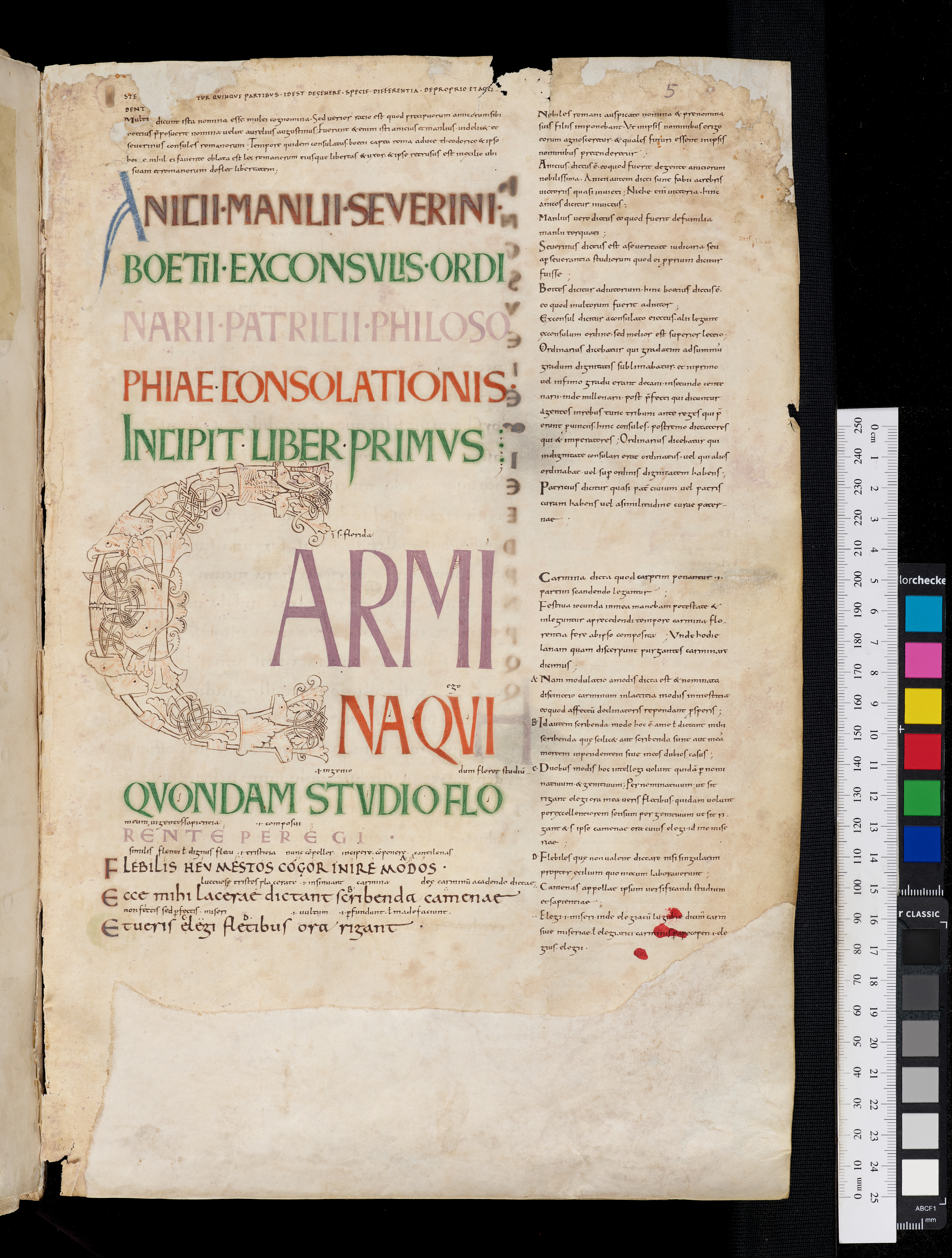 Oxford, Bodleian Library, MS. Auct. F. 1. 15, fol. 5r — Boethius, De consolatione philosophiae, with commentary and gloss, late 10th century, Canterbury, St. Augustine's Abbey