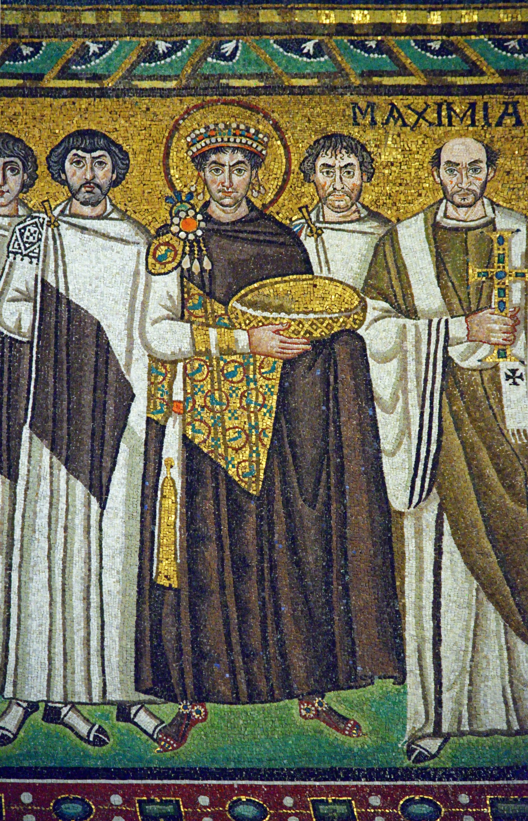 Emperor Justinian I and his retinue. Detail of the apse mosaic, Basilica of San Vitale, Ravenna, Italy, c. 547 AD.