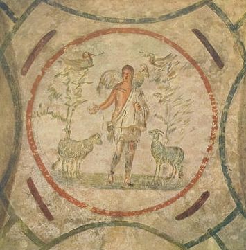 A fresco of the Good Shepherd from the Catacomb of Priscilla, Rome, 3rd century CE.