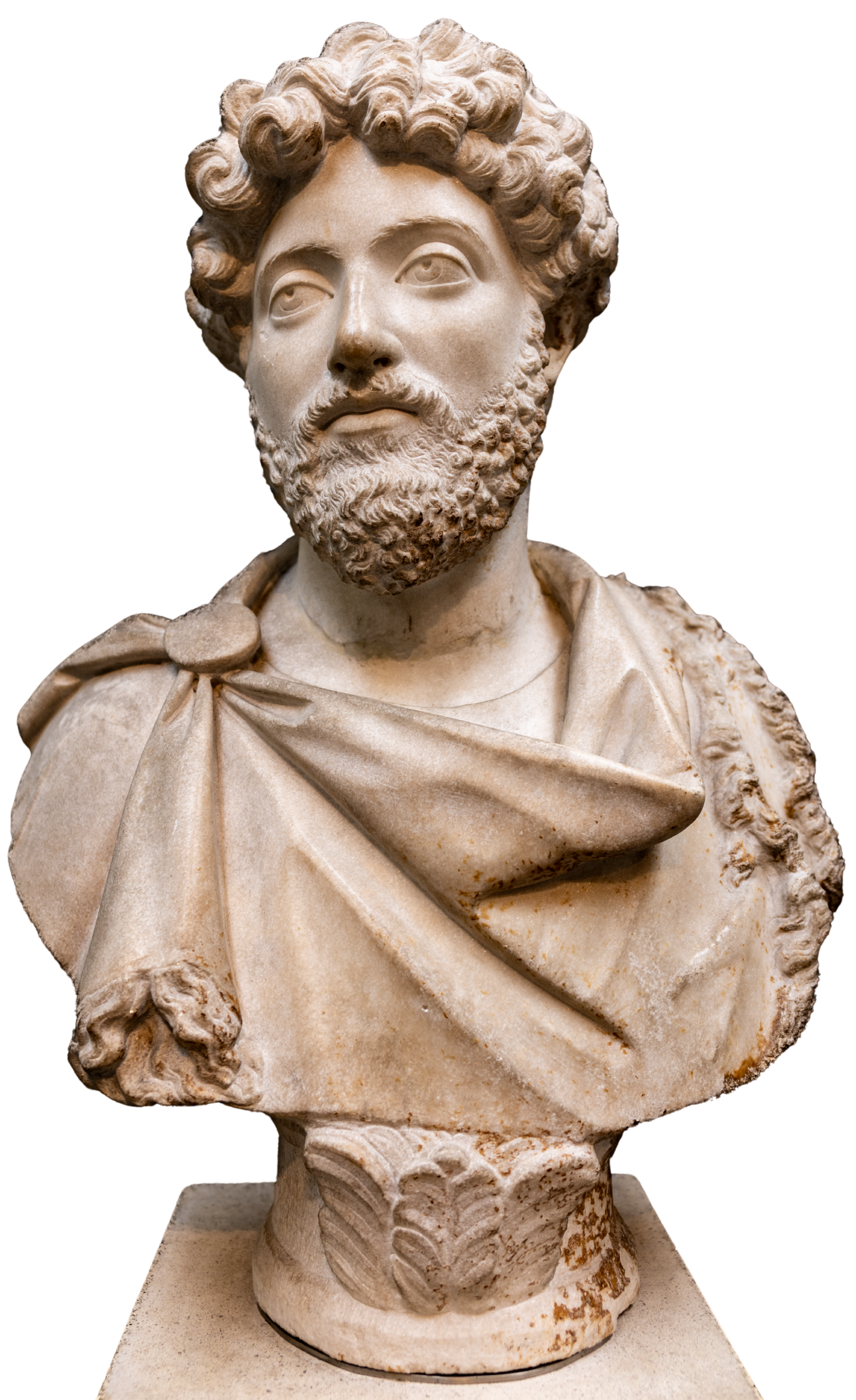 This marble bust, held at The British Museum, depicts the Roman Emperor Marcus Aurelius wearing a fringed cloak (paludamentum). Dating to approximately 160–170 AD, the portrait was excavated from the House of Jason Magnus in Cyrenaica, modern-day Libya. It captures the philosopher-emperor during the height of his reign. Image by Eduardo Alemán.