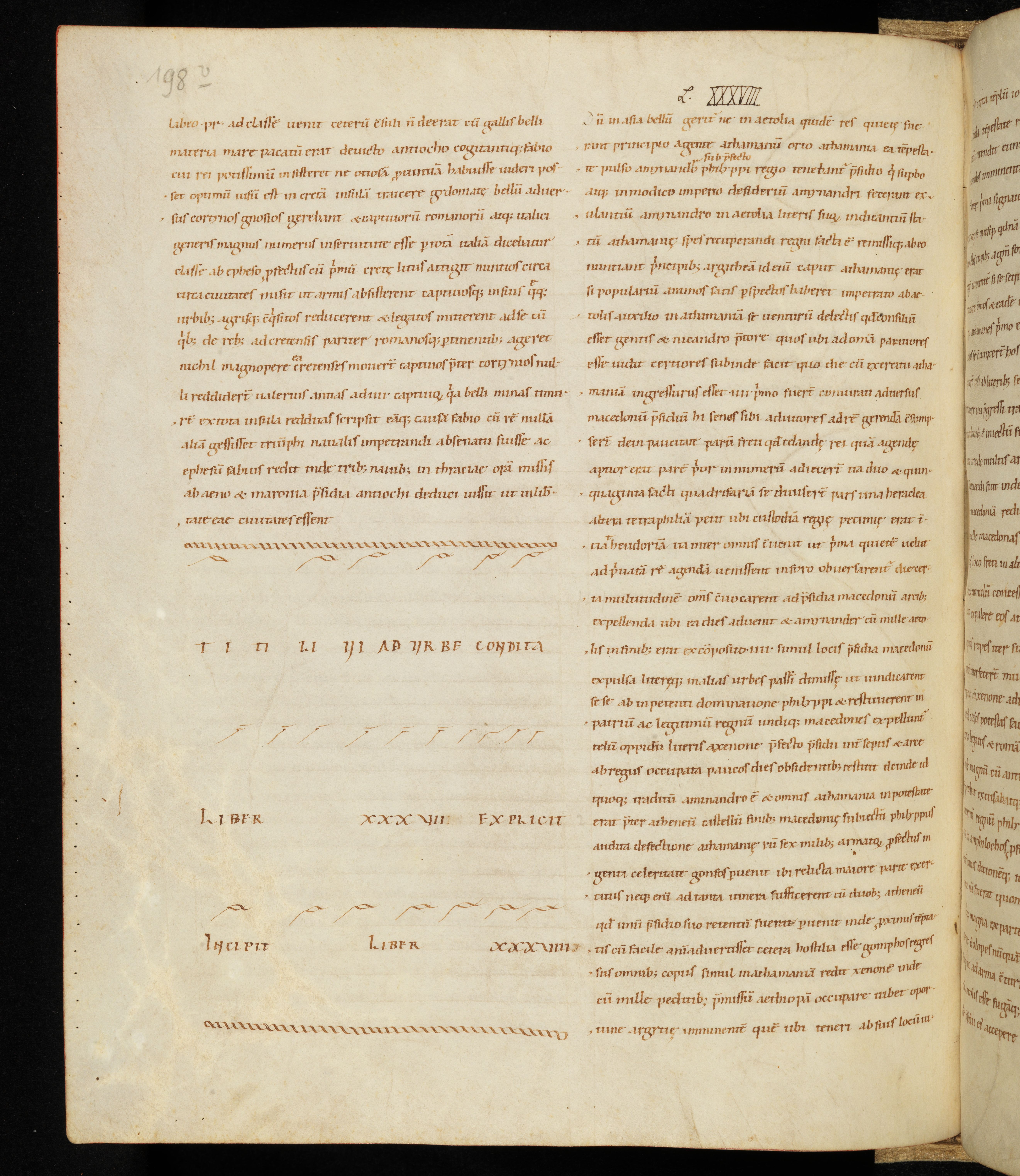 Bamberg, Staatsbibliothek, Msc.Class.35, fol. 198v — transition from Book 37 to Book 38 of Livy's Ab Urbe Condita, Caroline minuscule, medieval