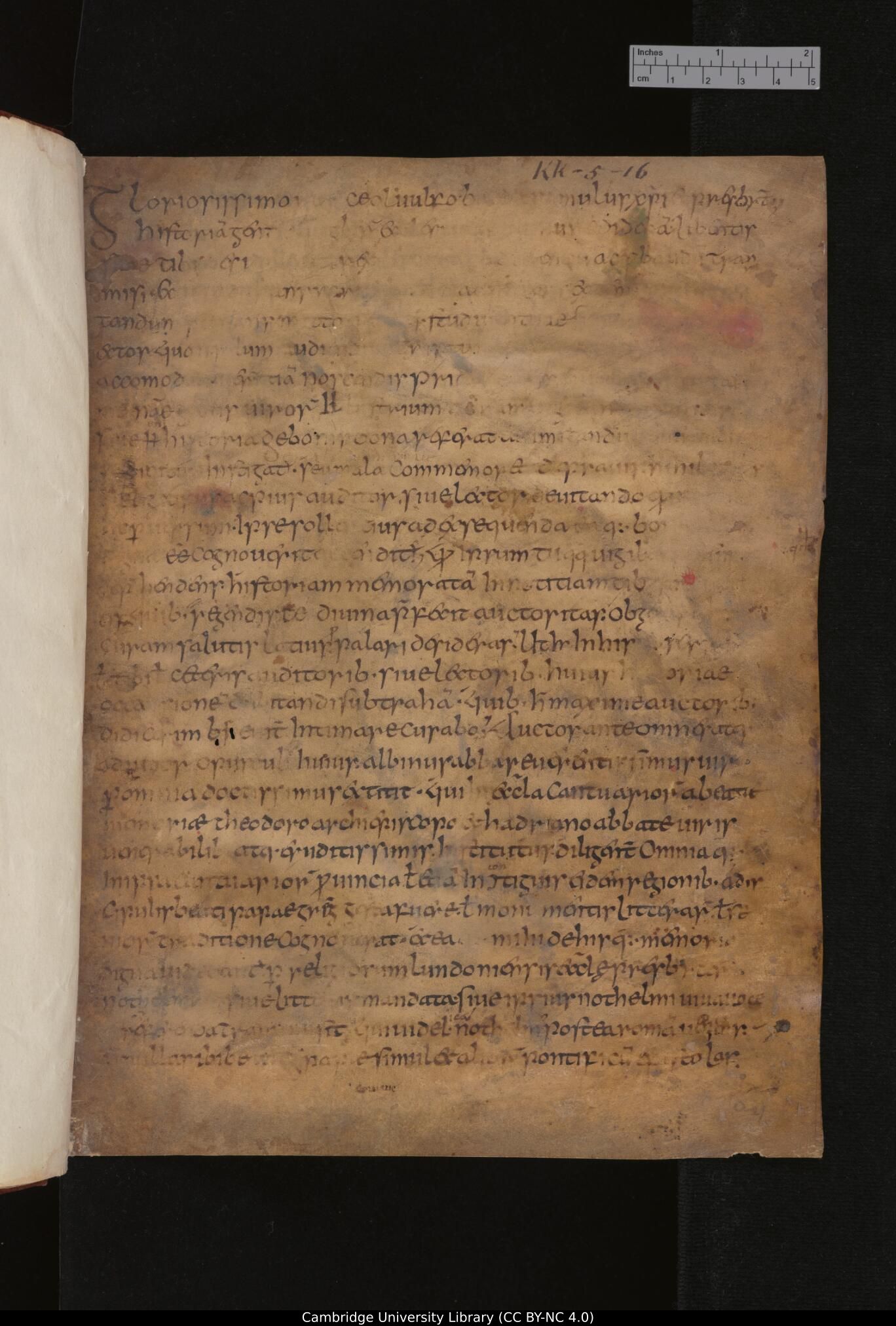 The Moore Bede, opening page of Bede's Historia Ecclesiastica Gentis Anglorum, Cambridge University Library MS Kk.5.16, fol. 1r, Northumbria, c. 737, Cambridge University Library. Among the oldest surviving manuscripts of Bede's Ecclesiastical History, the Moore Bede was copied within a generation of the work's completion in 731 AD. The page displays the characteristic Insular minuscule script of early Northumbrian scriptoria, with a decorated initial 'S' opening the preface. The manuscript takes its name from John Moore, Bishop of Ely, whose library was presented to Cambridge University Library by King George I in 1715. Itself a near-contemporary witness to Bede's text, this manuscript is one of the most significant documents in the transmission of early medieval English history.