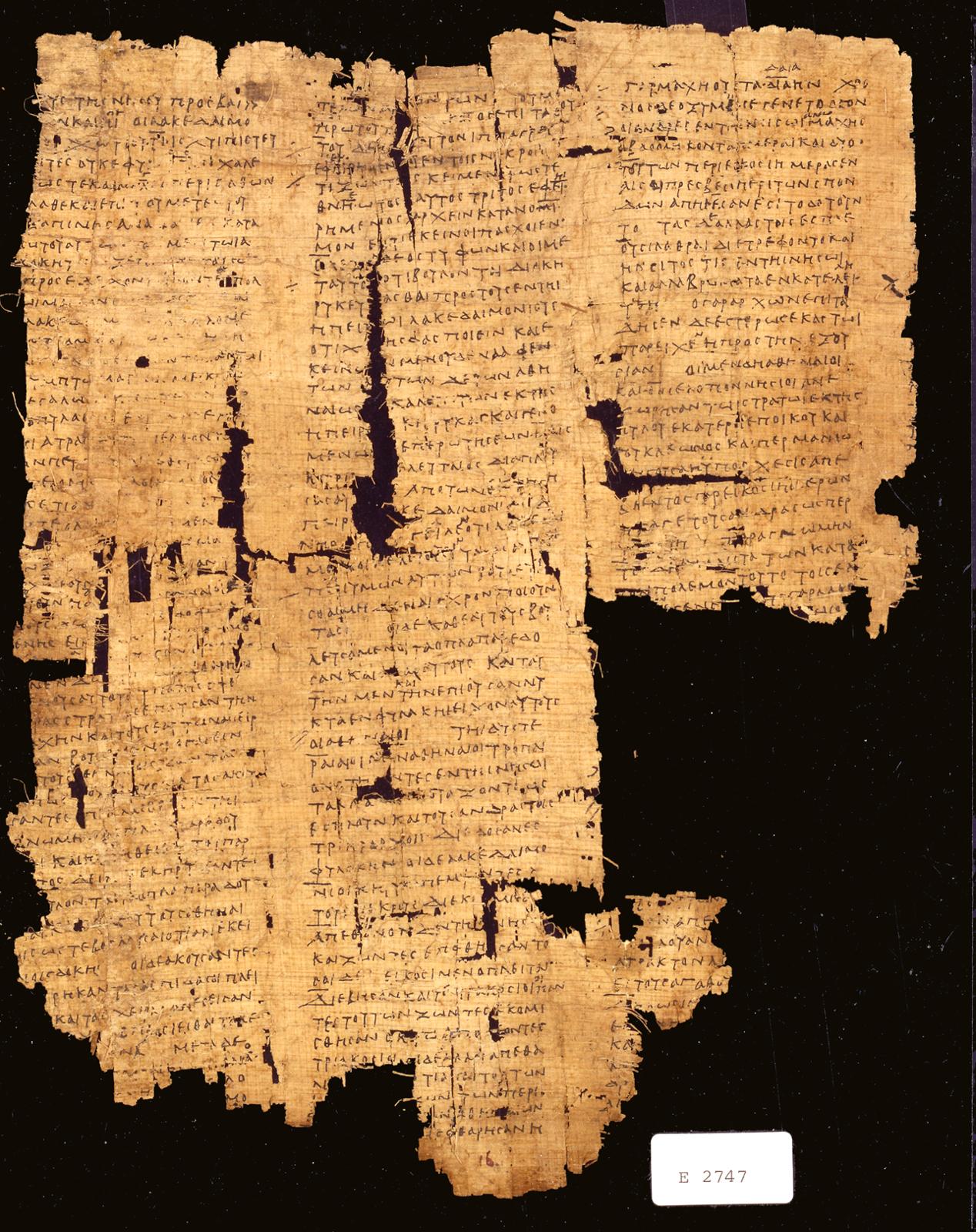 Nearly 2,300 years ago, a reader in provincial Egypt owned a copy of one of history's greatest works. This fragile papyrus preserves part of Thucydides' account of the Battle of Sphacteria — where a force of Spartan soldiers did the unthinkable and surrendered. Among the oldest manuscripts of Thucydides anywhere in the world, it bridges the ancient and modern transmission of a text that has never stopped being read. Thucydides, History of the Peloponnesian War, Book IV.36–41 · el-Hibeh, Egypt · Penn Museum, E 2747.