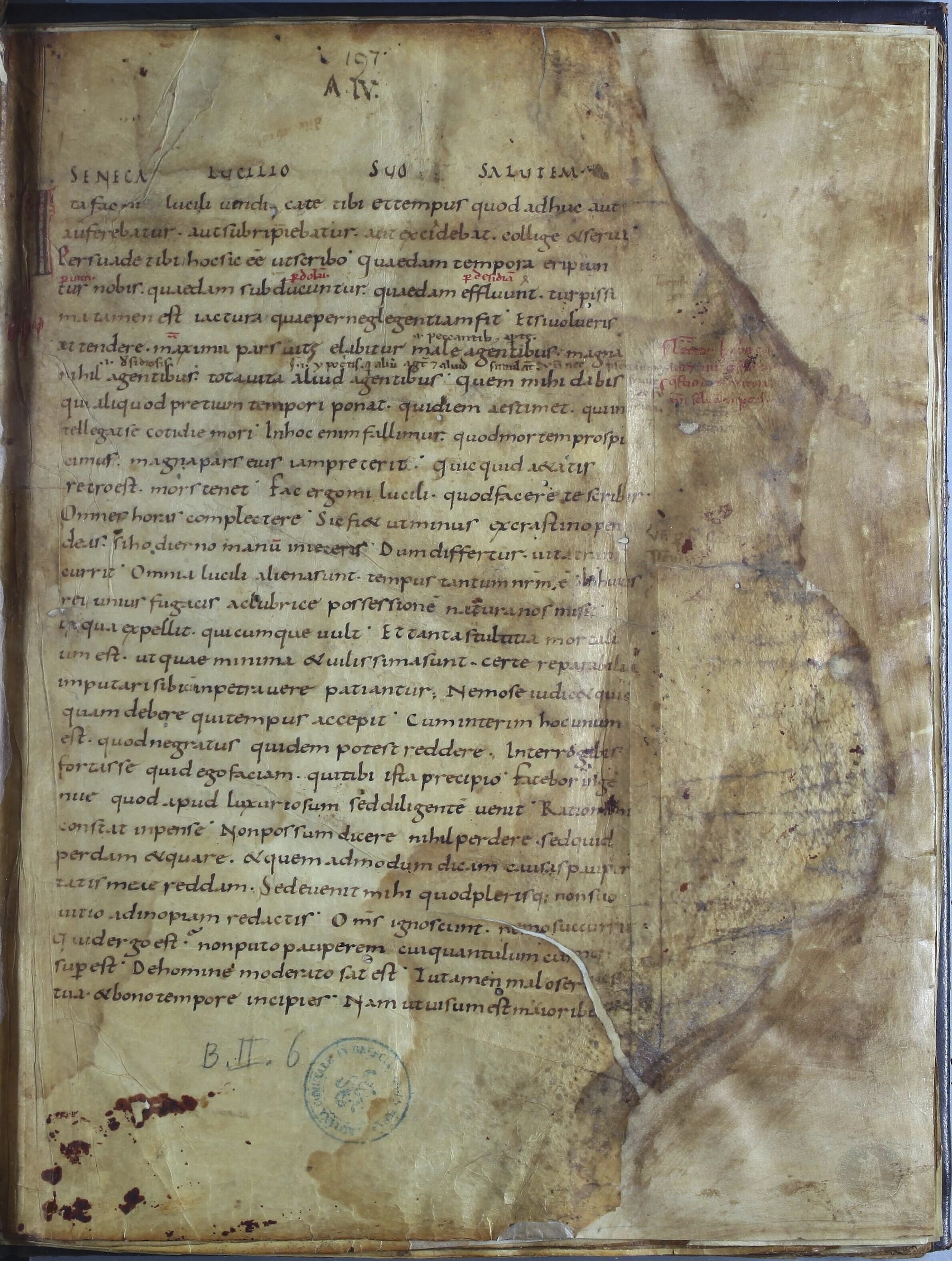 Brescia, Biblioteca Queriniana, ms. B.II.6 (Codex Quirinianus), fol. 1r — opening of the second collection of the Epistulae Morales, 11th–12th century