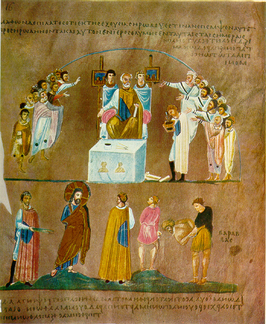 A Byzantine illuminated manuscript page depicting Christ before Pilate, from the Rossano Gospels, 6th century.