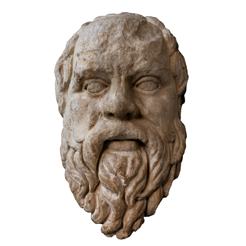 This marble bust depicts the ancient Greek philosopher Socrates, who lived from 470 to 399 BCE. Portrait Details: The bust shows Socrates with a distinctive bald head, a full beard, and a broad nose. He is often portrayed with a contemplative expression, reflecting his role as a thinker and teacher. Provenance: This specific sculpture, housed in the British Museum, is believed to be a Roman copy of an original Greek work from the 4th century BCE. Historical Context: Socrates is one of the most influential figures in Western philosophy, known for his contributions to ethics and epistemology, as well as his method of inquiry known as the Socratic method. Provenance: This specific sculpture, housed in the British Museum, is believed to be a Roman copy of an original Greek work from the 4th century BCE. Historical Context: Socrates is one of the most influential figures in Western philosophy, known for his contributions to ethics and epistemology, as well as his method of inquiry known as the Socratic method.