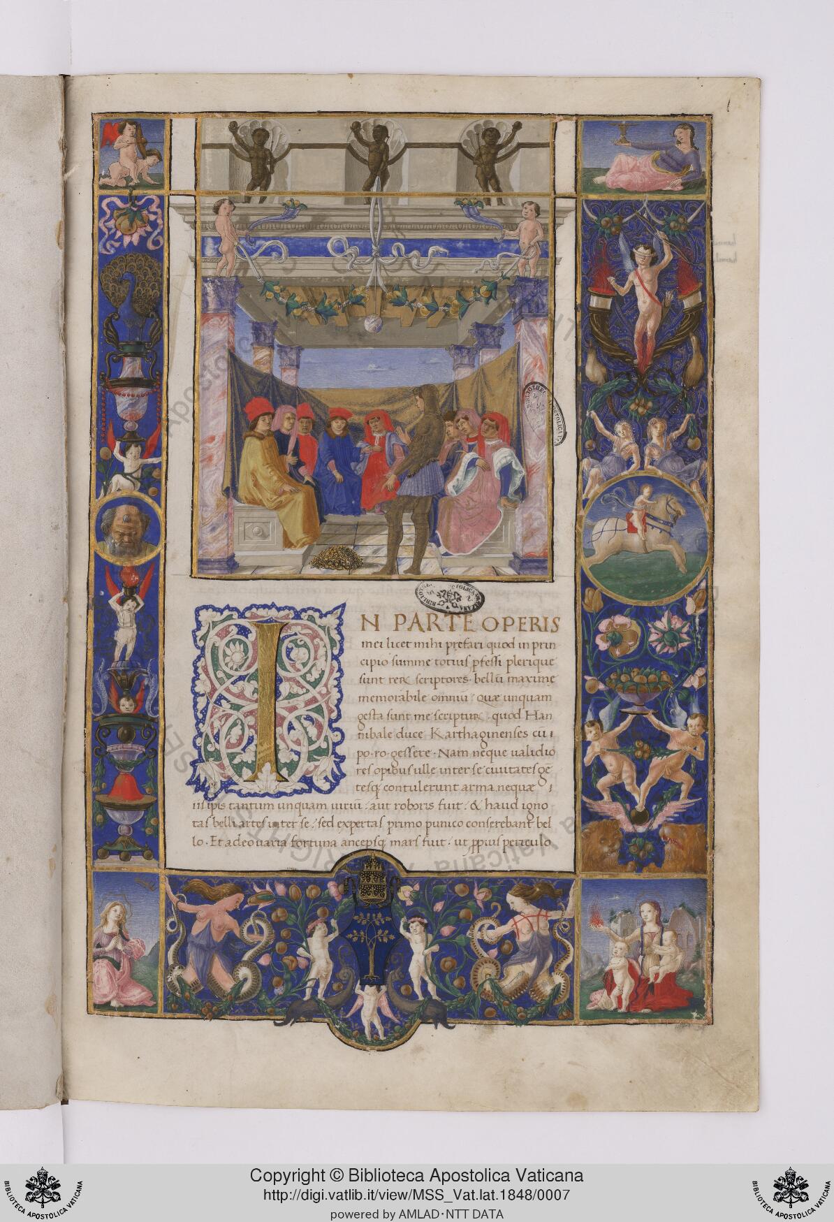 Biblioteca Apostolica Vaticana, Vat. lat. 1848, fol. 1r — incipit page of Livy's Third Decade, illuminated by Bartolomeo della Gatta, Rome, c. 1475–1480