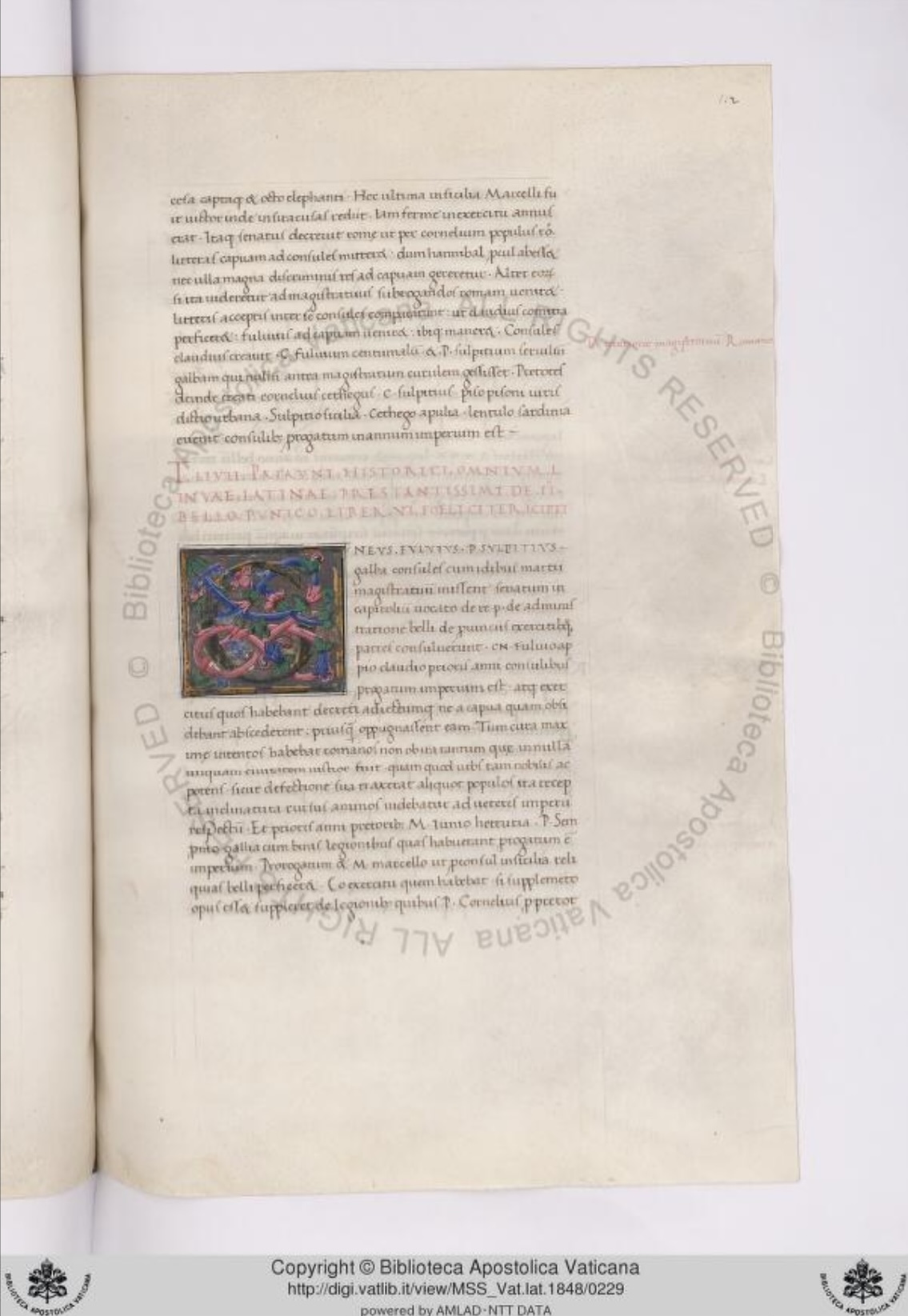 Biblioteca Apostolica Vaticana, Vat. lat. 1848, fol. 112r — opening of Livy Book 26, illuminated by Bartolomeo della Gatta, Rome, c. 1475–1480
