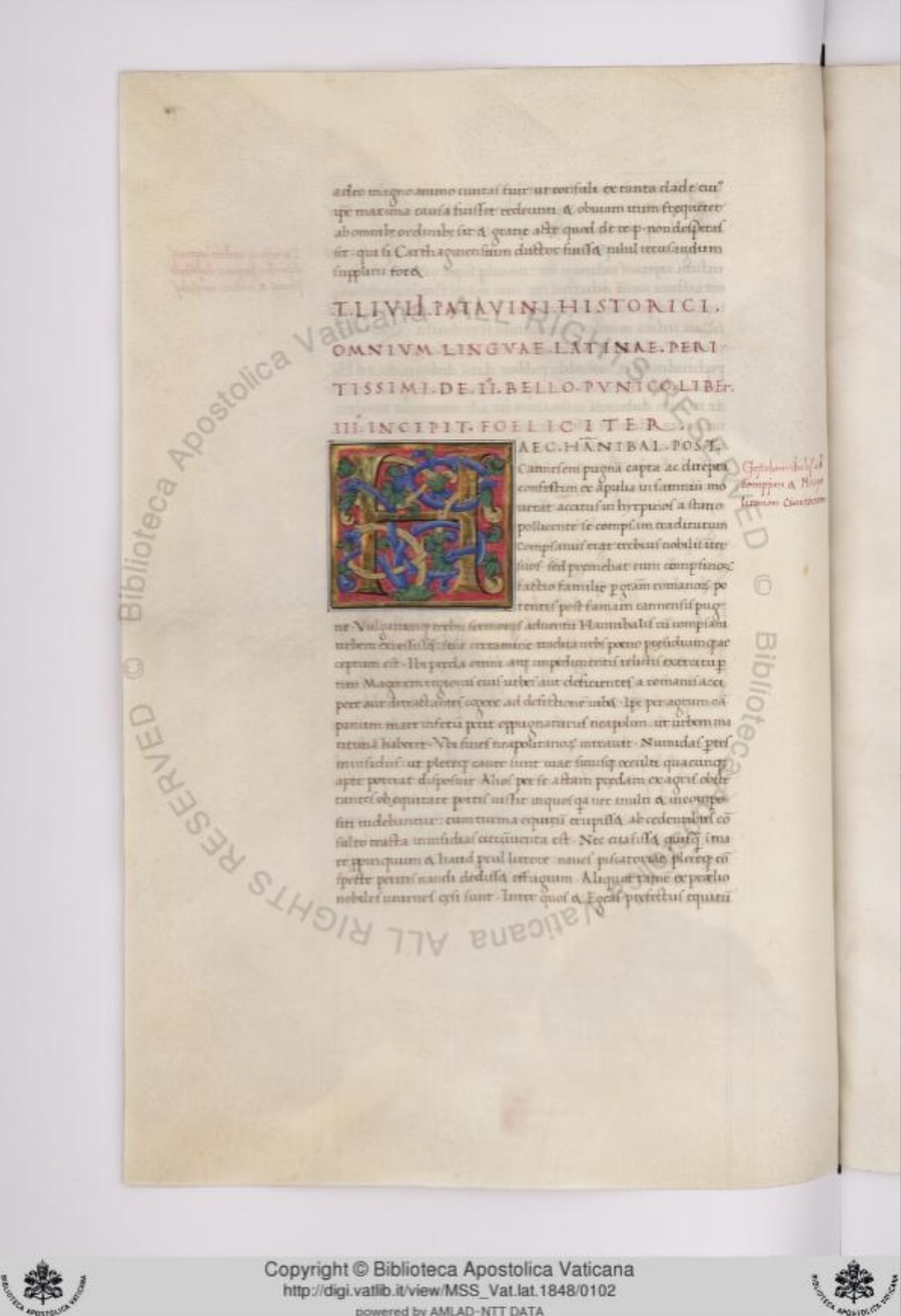 Biblioteca Apostolica Vaticana, Vat. lat. 1848, fol. 48v — opening of Livy Book 23, illuminated by Bartolomeo della Gatta, Rome, c. 1475–1480